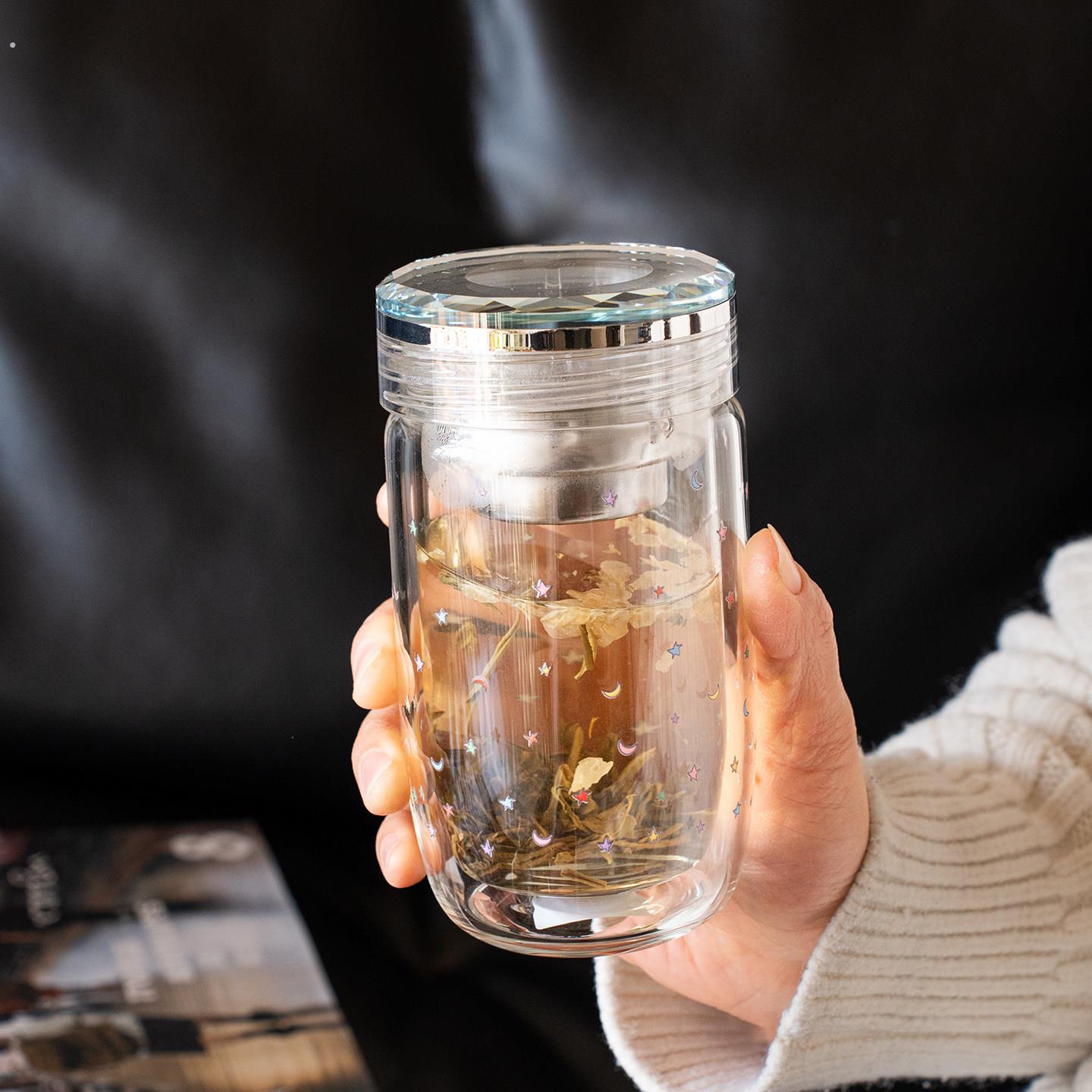 漂亮的星月双层玻璃杯泡茶杯透明茶杯高硼硅杯子带盖女士高颜值
