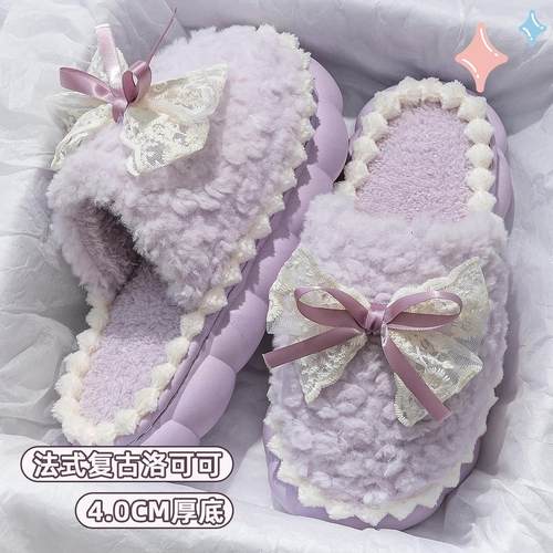 2025新款冬季棉拖鞋毛绒女士室内家居加厚底防滑蝴蝶结毛毛鞋保暖