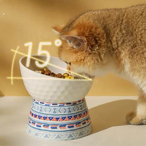 猫碗陶瓷食盆水碗猫咪猫粮斜口高脚护颈宠物喝水饭盆狗碗专用饭碗