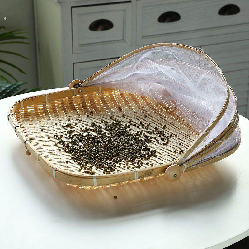 竹编晾晒篮防虫筐家用馒头圆簸箕竹编带纱网罩民族浅口装饰竹制竹