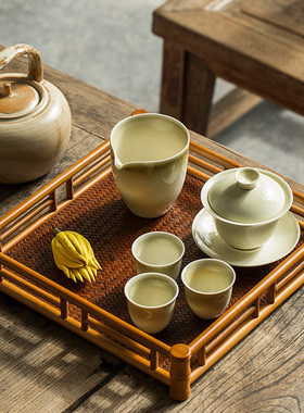 纯手工精编竹编茶托盘 文人文盘有高栏茶盘干泡台 手工竹编竹茶具