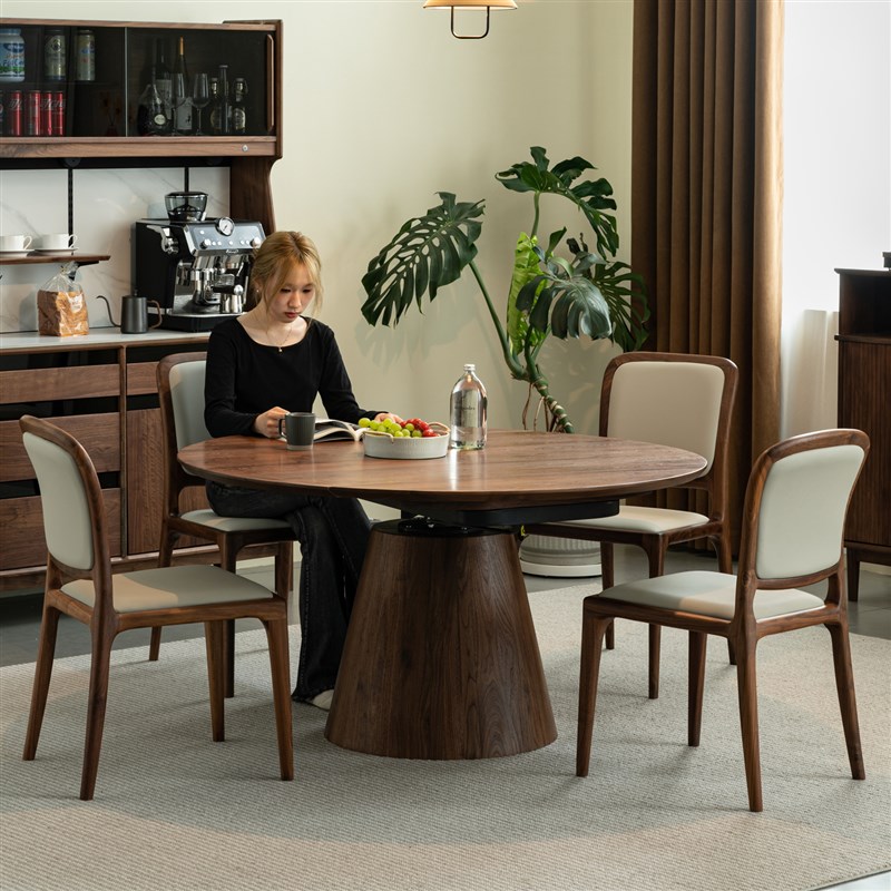 北美黑胡桃木折叠圆餐桌实木饭桌小户型简约可旋转伸缩方圆两用桌