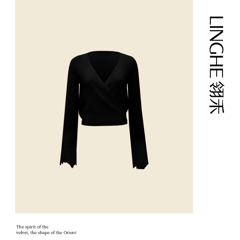 翎禾LINGHE-秋冬季山羊绒针织围裹式上衣黑色套头衫