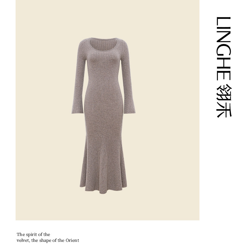翎禾LINGHE「coco女郎」秋冬竖坑条显瘦时尚裙子喇叭袖针织连衣裙,女装/女士精品,连衣裙,淘宝优惠券,粉丝福利购,淘宝优惠卷