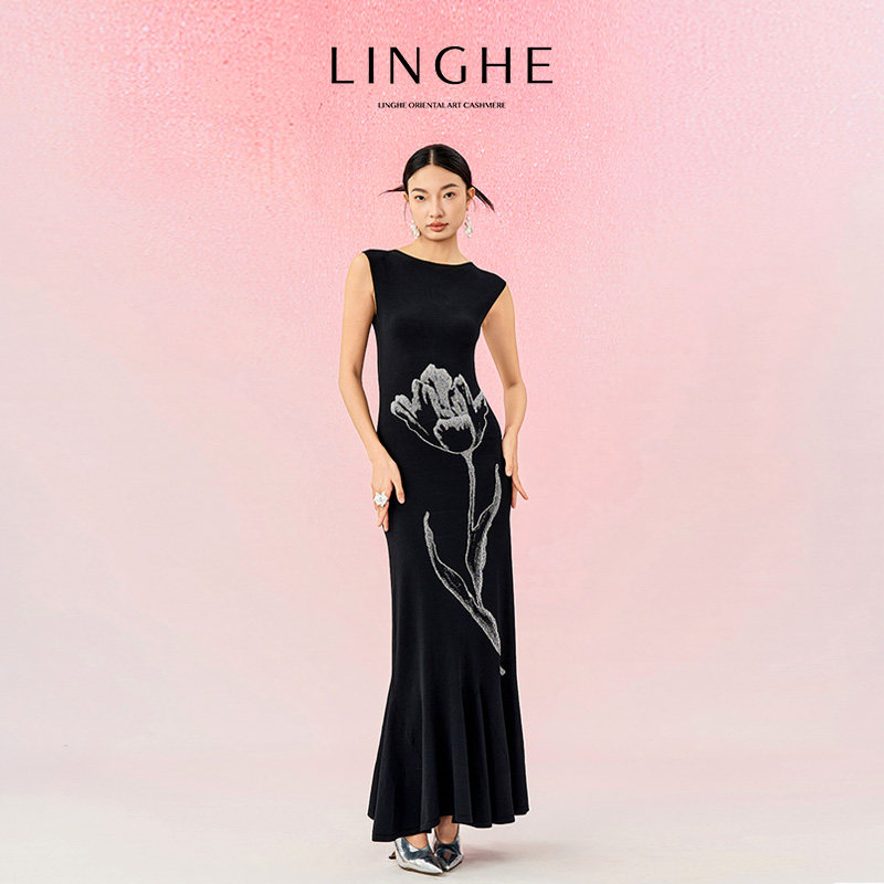 【设计总监然姐】翎禾LINGHE-「郁金绮梦」修身冰丝提花无袖一字