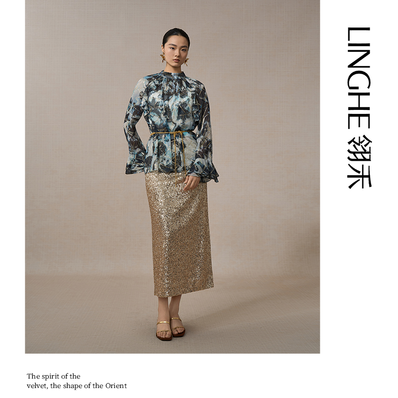 翎禾LINGHE-「忆江南」法式优雅荷叶袖衬衫复古印花