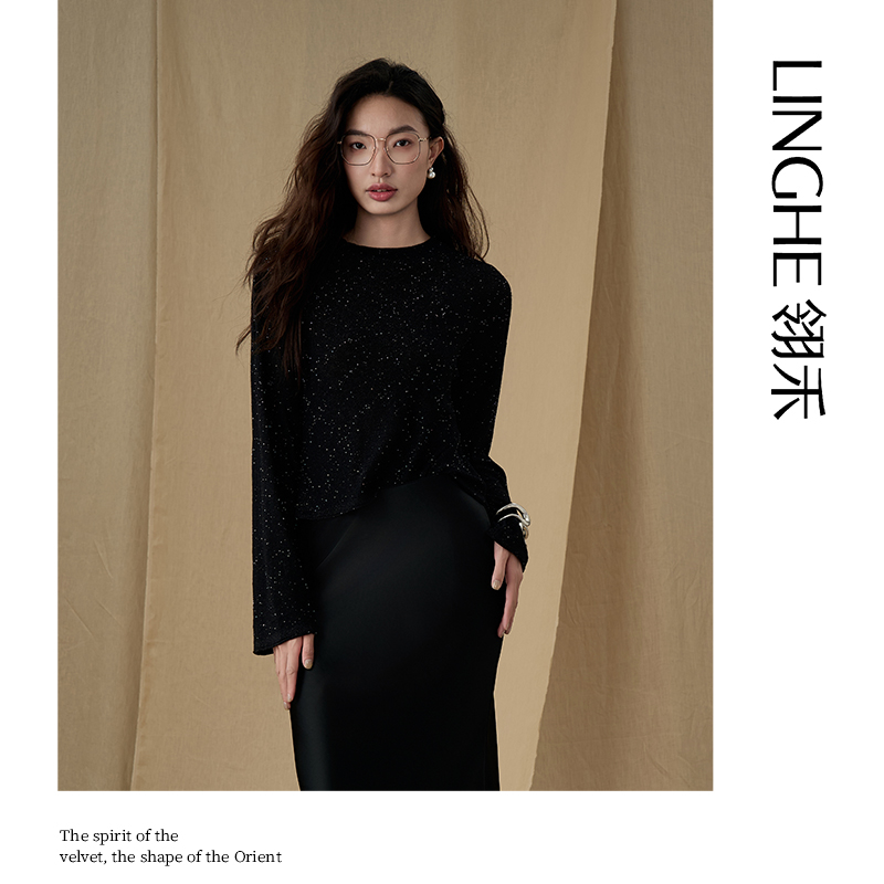 翎禾LINGHE黑色亮片针织套头衫