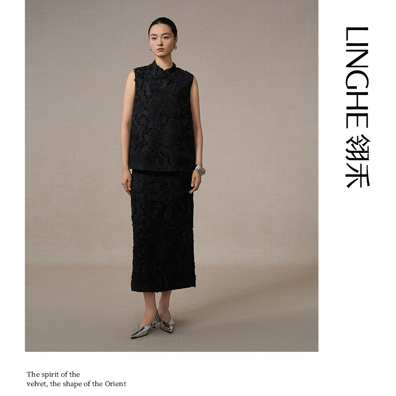 翎禾LINGHE-「琥珀枝金」新中式马甲提花秋冬季复古