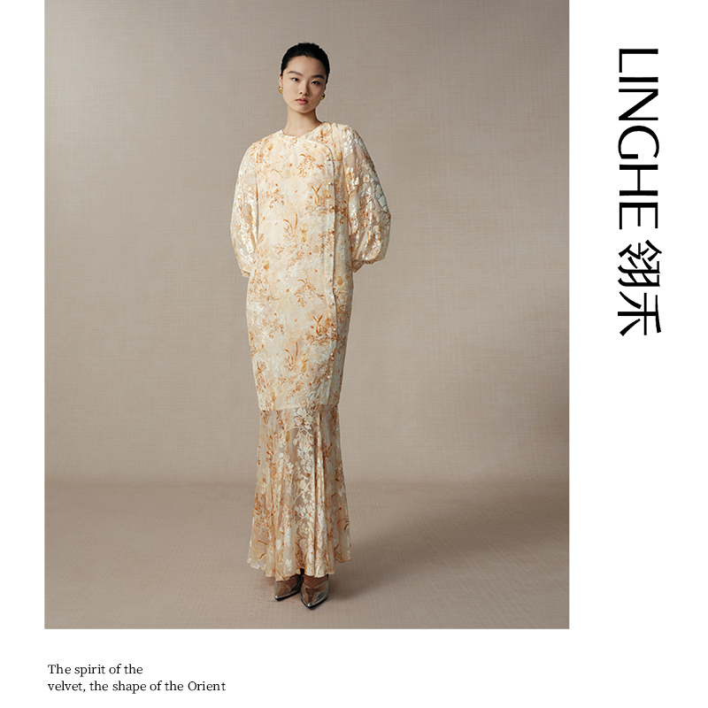 翎禾LINGHE-秋意提花真丝桑蚕丝鱼尾连衣裙国风复古气质修身长裙