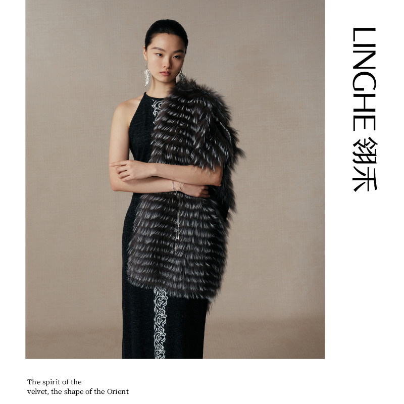 【舒心】翎禾LINGHE-「阑夜鹊羽」女士冬季银狐毛狐狸毛披肩