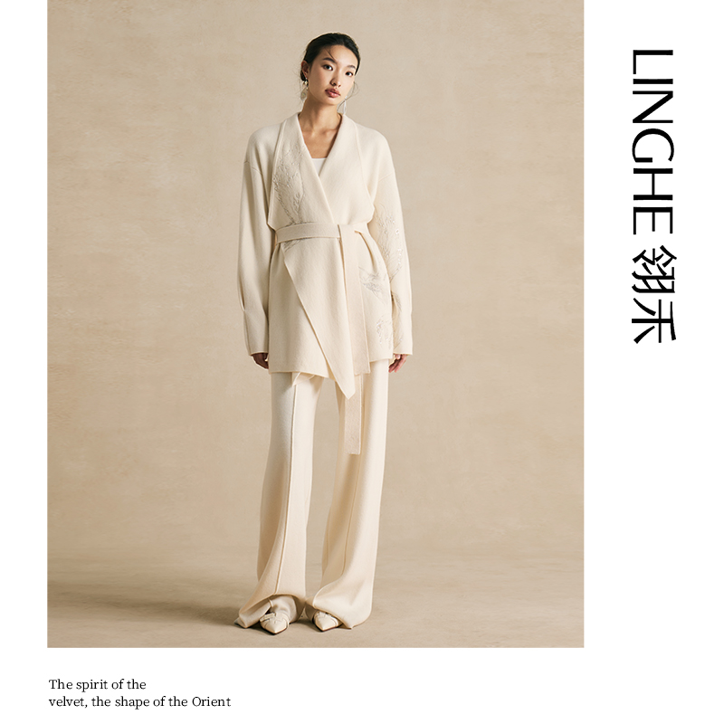翎禾LINGHE-「山海逍遥」气质疆绣重工秋冬钉珠长袖针织羊绒外套