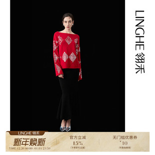 秋冬时尚 翎禾LINGHE「流光掠影 微一字领羊绒亮片套头衫 长袖 」