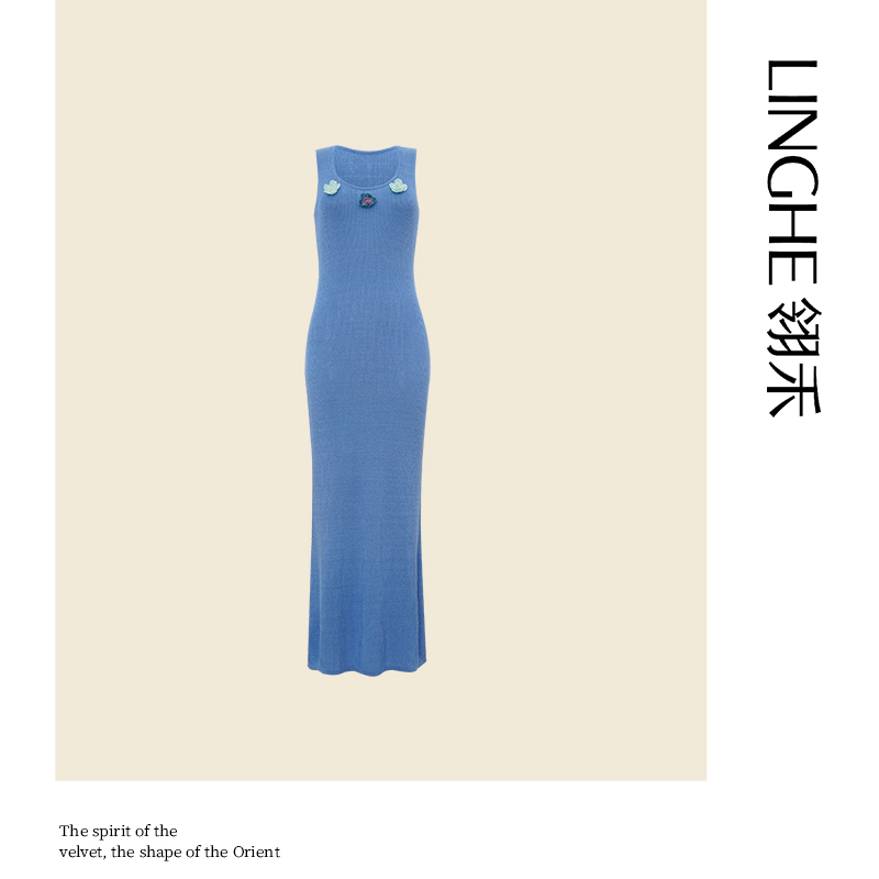 翎禾LINGHE-「解语花」U型领亚麻无袖连衣裙气质修身设计时尚裙子
