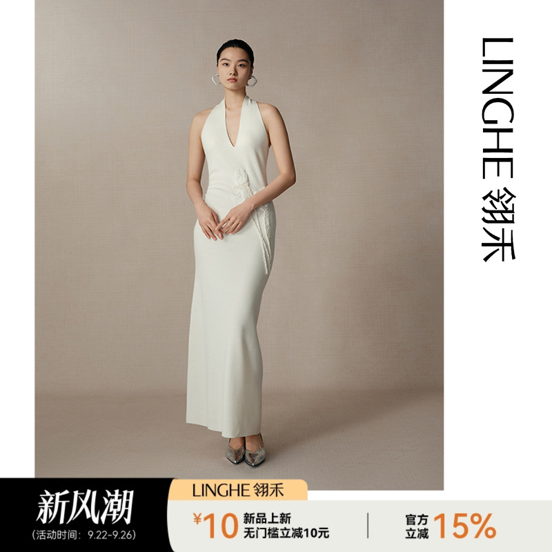 翎禾LINGHE-「凌波仙」无袖V领针织连衣裙重工郁金香