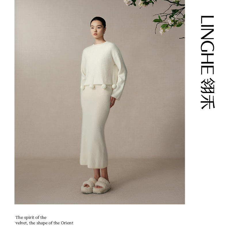 翎禾LINGHE-长袖圆领针织山羊绒套头衫上衣