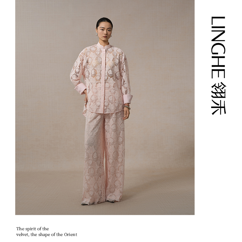 翎禾LINGHE-长袖立领镂空蕾丝上衣长裤套装秋中国风垂感高腰裤子