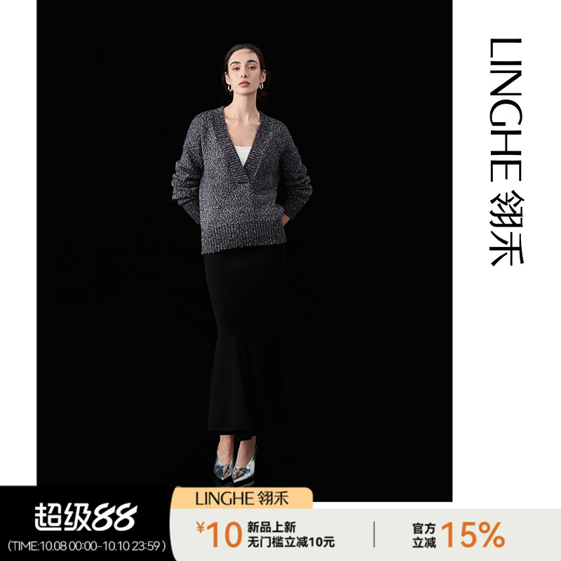 灵隐长袖V领针织套头衫