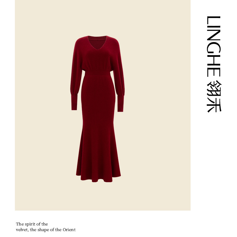 翎禾LINGHE-秋冬V领束口袖收腰显瘦灯笼袖纯羊绒鱼尾针织连衣裙,女装/女士精品,连衣裙,淘宝优惠券,粉丝福利购,淘宝优惠卷