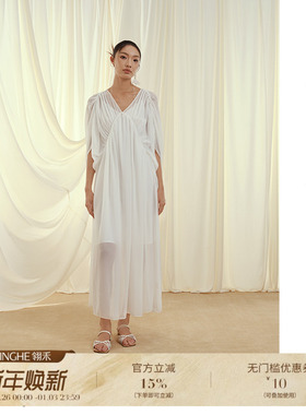 翎禾LINGHE-「梦境花漫」蝙蝠袖连衣裙白色女士外穿宽松设计师