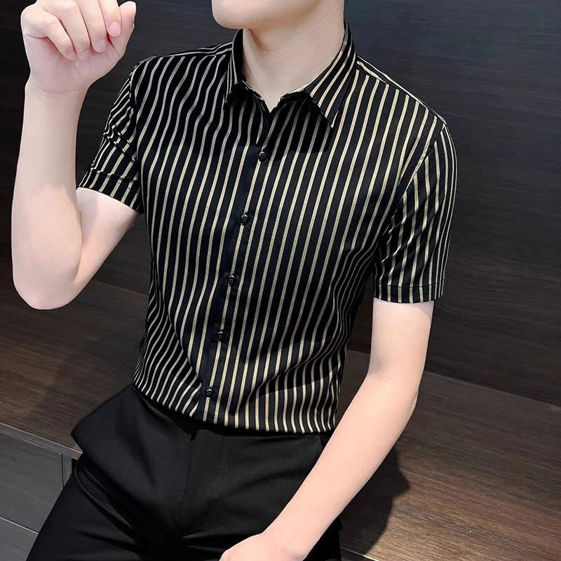 香港轻奢潮牌男装条纹衬衫短袖冰丝2026新款夏天薄款商务衬衣男款