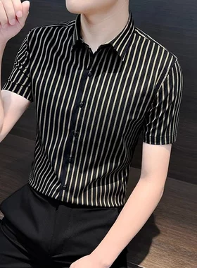 香港轻奢潮牌男装条纹短袖衬衫