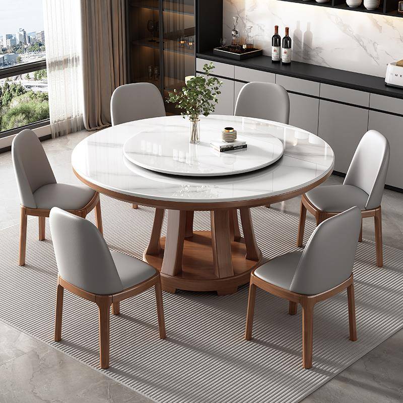 需定制实木高端岩板餐桌椅现代简约家用酒店大圆桌带电磁炉旋转圆