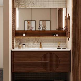 2025新款 橡胶木智能浴室柜洗漱台定制 陶瓷一体盆宋氏美学新中式