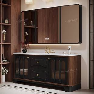 橡木法式 复古浴室柜组合卫生间洗漱台洗手盆柜中古风一体盆 落地式