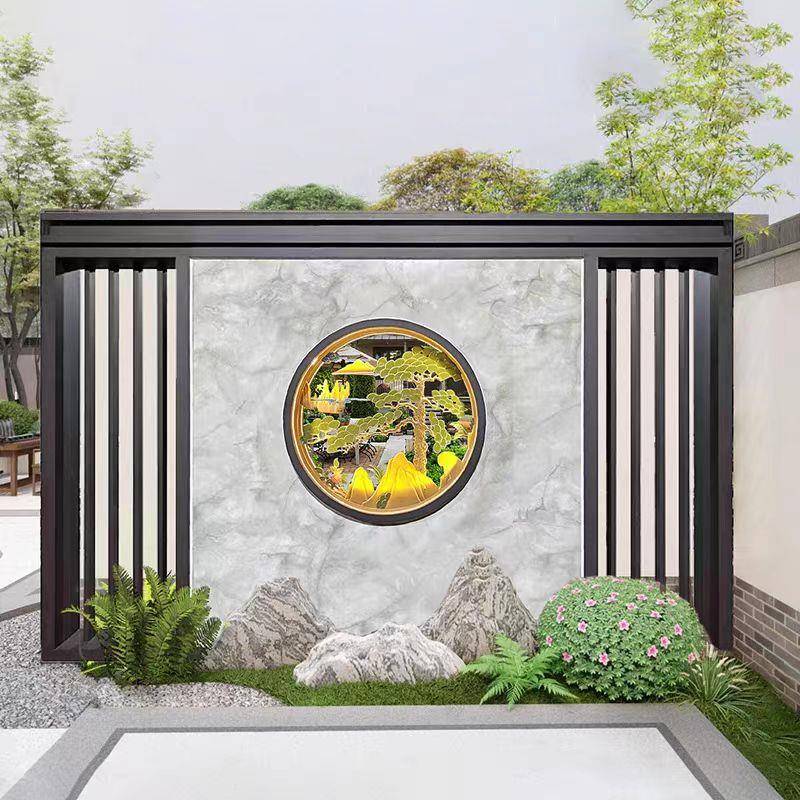 新中式不锈钢屏风隔断月亮门庭院别墅户外影壁迎门墙园林景观定制