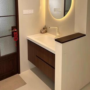 中古风岩板热弯陶瓷一体盆胡桃色实木浴柜组合洗漱台洗手池