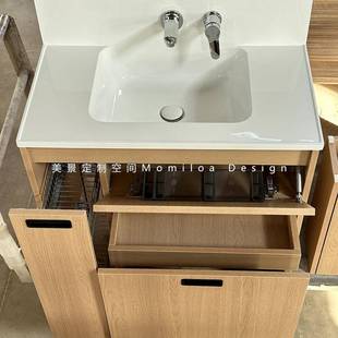 高背一体盆全铝日式原木风浴室柜组合卫生间收纳侧拉篮洗手池吊柜