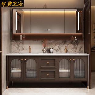 新中式 橡木浴室柜组合卫生间洗漱台双盆智能镜柜一体陶瓷盆卫浴柜