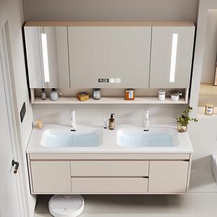 简约陶瓷一体盆双槽洗脸盆浴室柜组合智能镜柜洗脸漱手台盆实木定