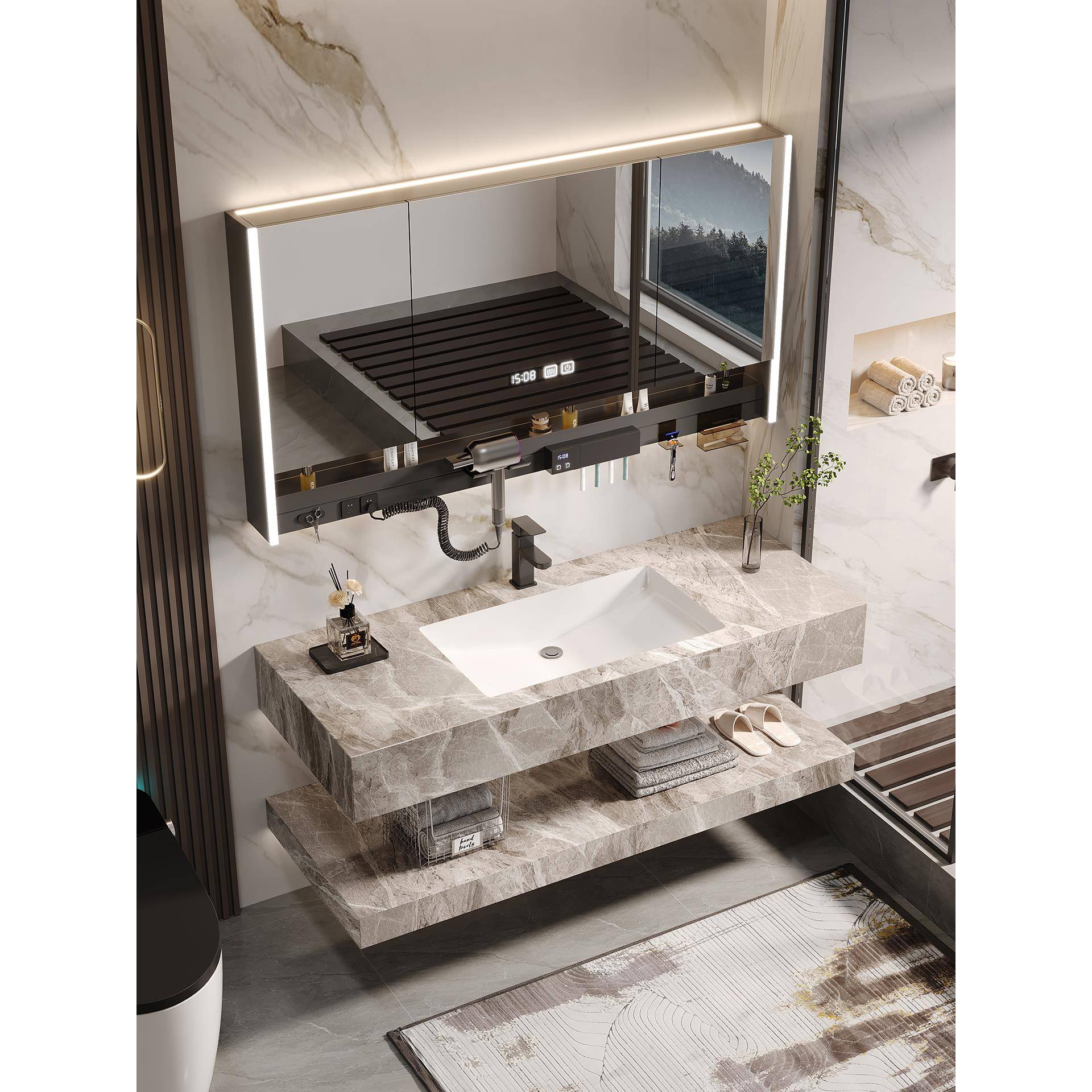 楠家匠双层岩板无缝陶瓷一体盆浴室柜组合卫生间洗漱台洗手洗脸池