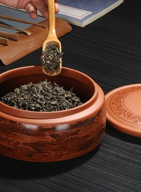 紫砂茶叶罐功夫茶具普洱茶罐复古醒茶缸防潮密封罐大号存储罐