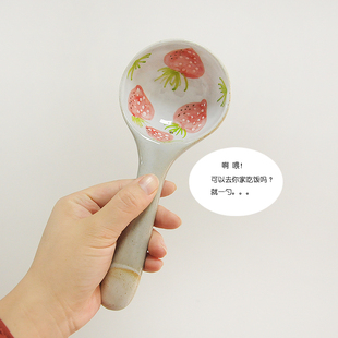 可爱手工釉下陶瓷长柄大号汤勺子家用饭勺盛粥勺盛X汤勺卡通水果