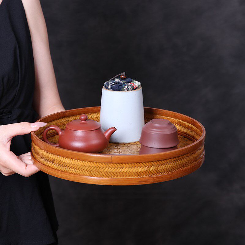 竹编大漆圆型茶盘手工编织复古茶具奉茶收纳盘中式点心水果竹托盘
