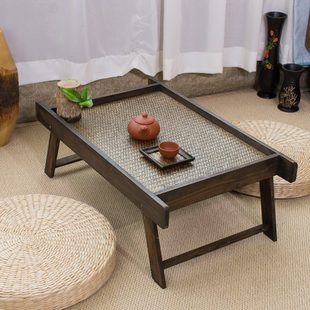 家用阳台矮桌日式 可折叠飘窗桌小茶几炕桌实木新中式 榻榻米桌竹编