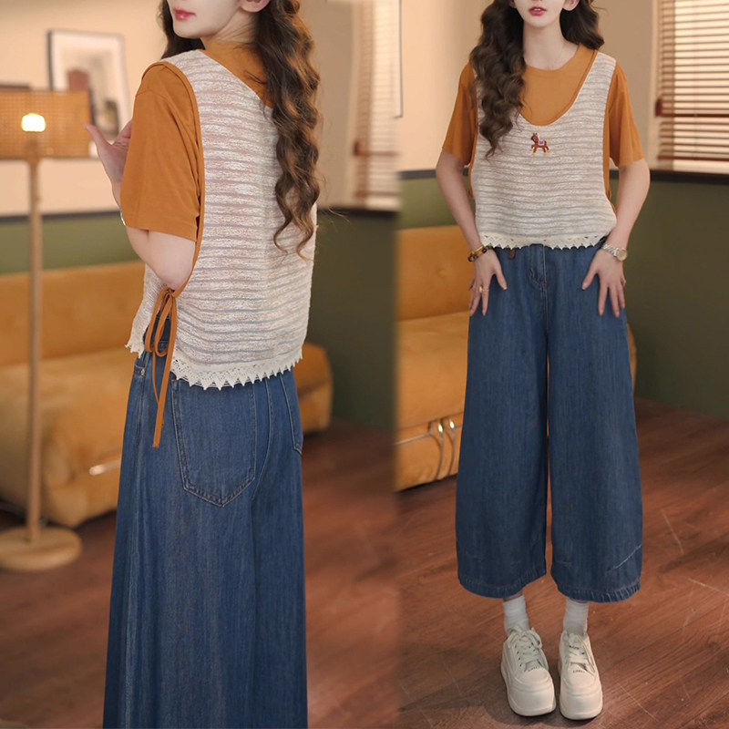 巨好看的夏装一整套2025新款假两件短袖T恤女+牛仔弯刀阔腿裤套装