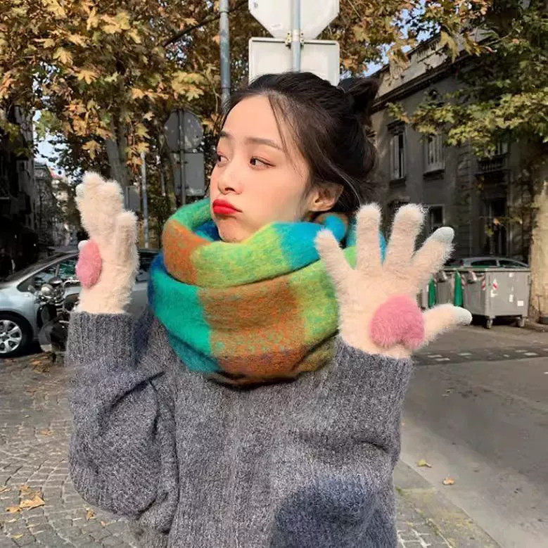 冬季女日系可爱五指加绒毛线手套