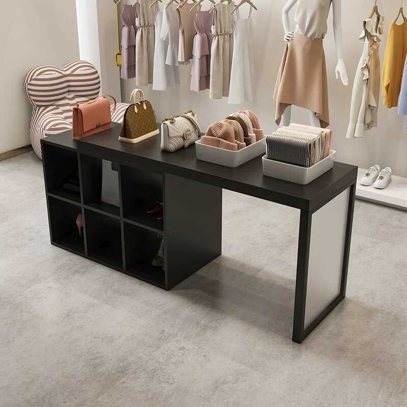 服装店实木桌子中间摆放轻复古中岛展示台网红女装店亚克力流水台