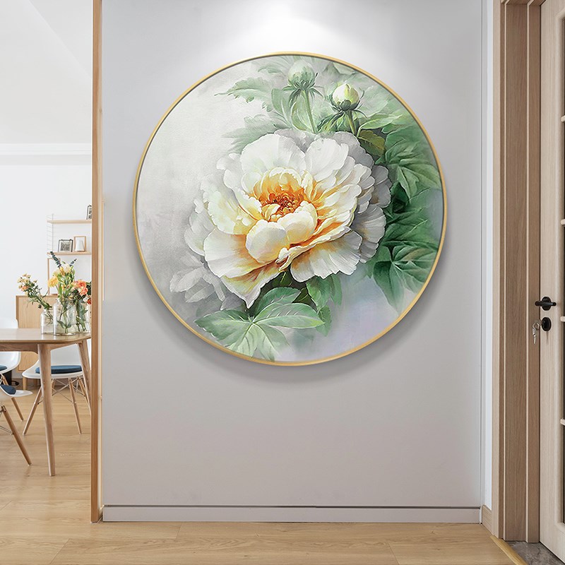 纯手绘油画牡丹花卉现代简约客厅玄关装饰画卧室餐厅过道挂画圆形图片
