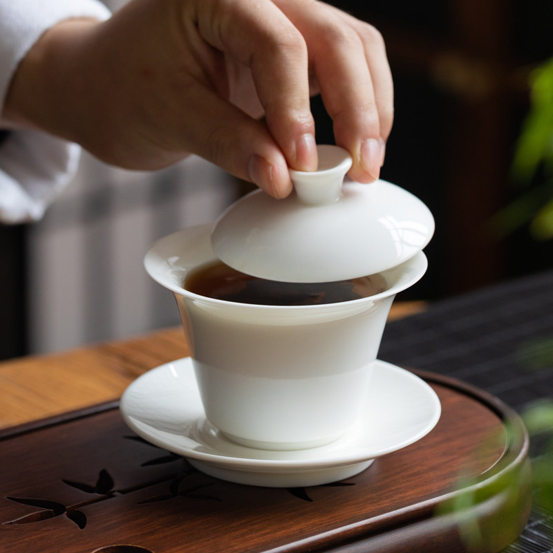德化白瓷盖碗茶杯单个端三才泡茶碗盖号不烫手茶具