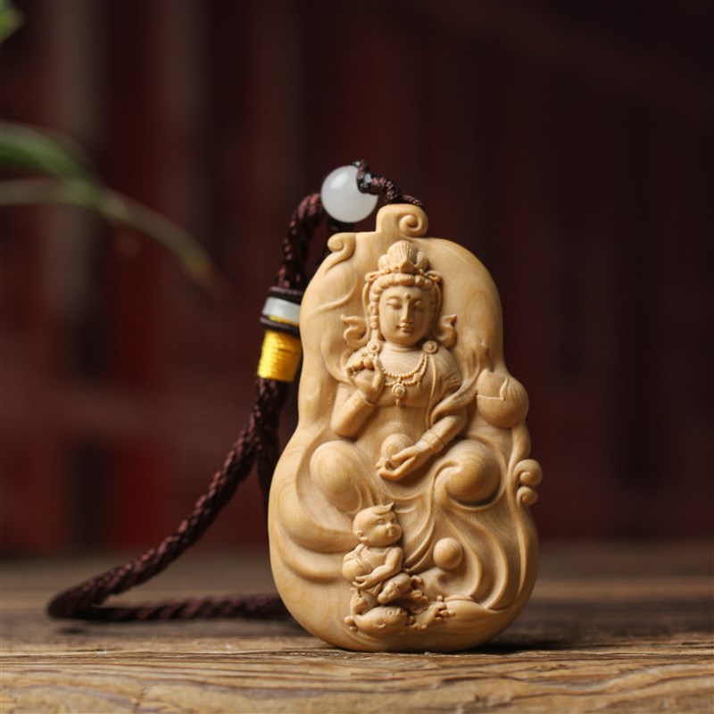 小叶黄杨木雕刻平安牌守护神送观音菩车挂件项链吊坠手把玩件