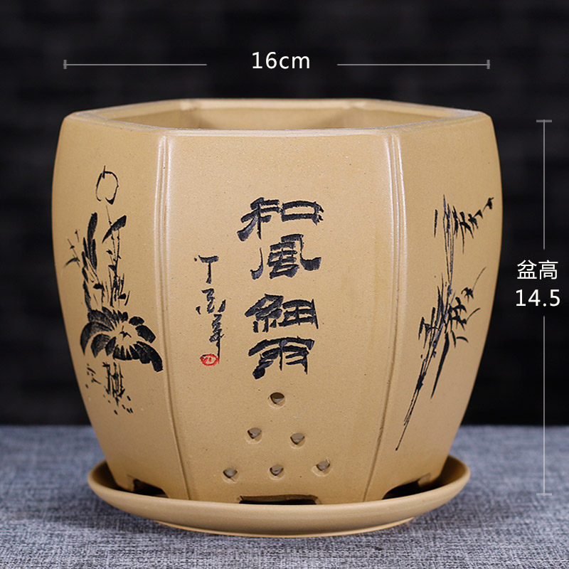 兰花盆紫砂花盆六方段泥精品盆君兰花盆矮种兰花多肉花盆紫砂盆