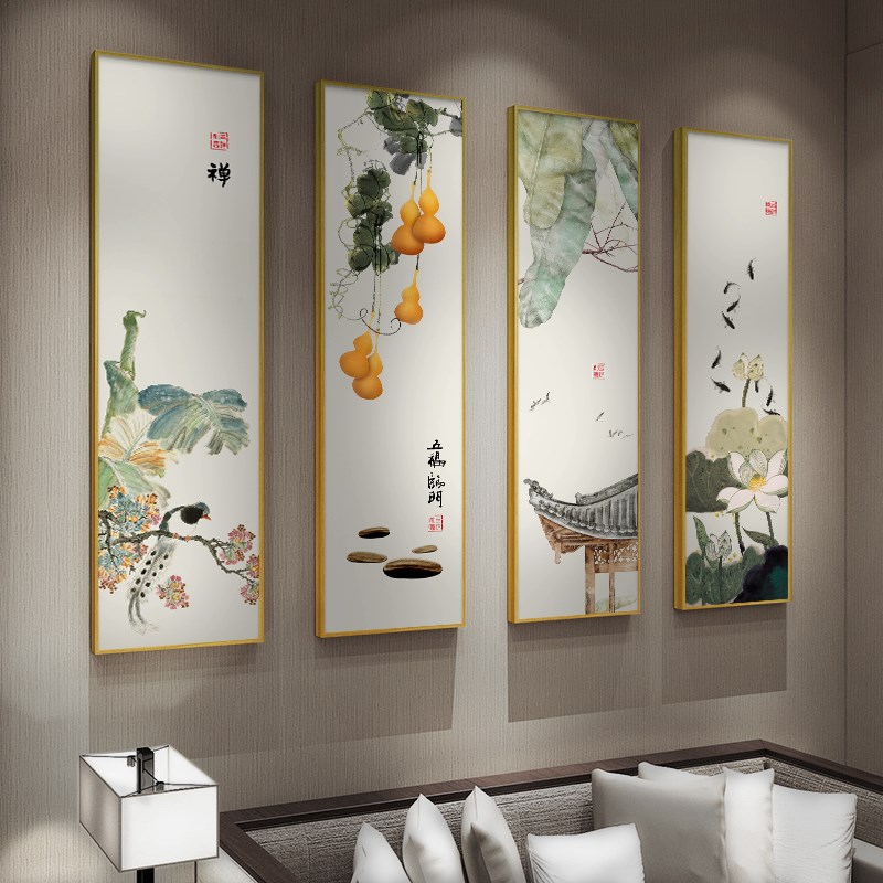 新中式客厅沙发背景墙装饰画花卉餐厅挂画餐桌墙面壁画四联画图片