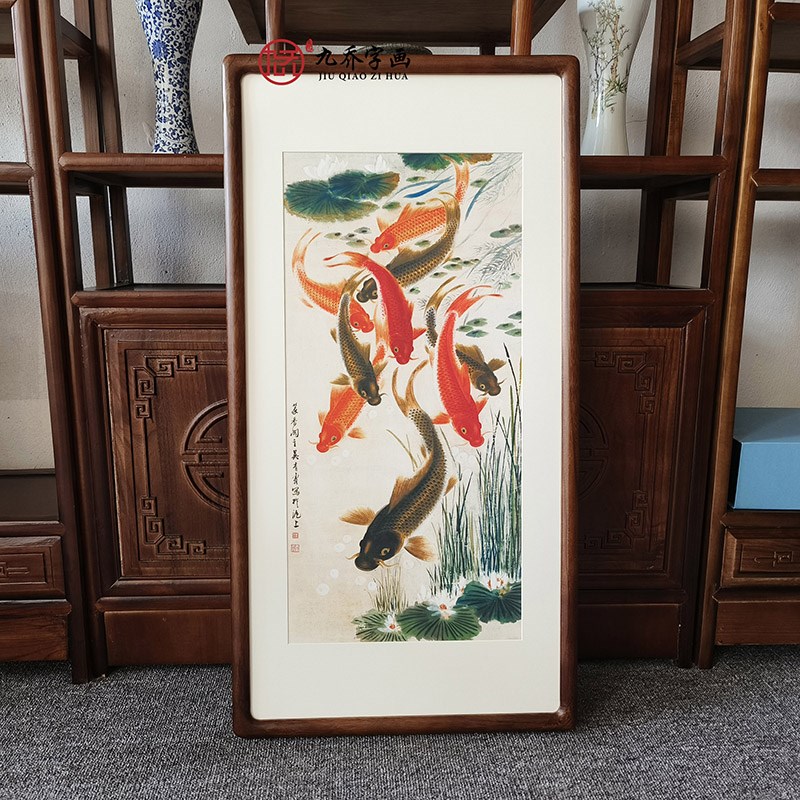 入户玄关装饰画荷花九鱼图客厅走廊过道竖版壁画饭店寓意好的挂画图片