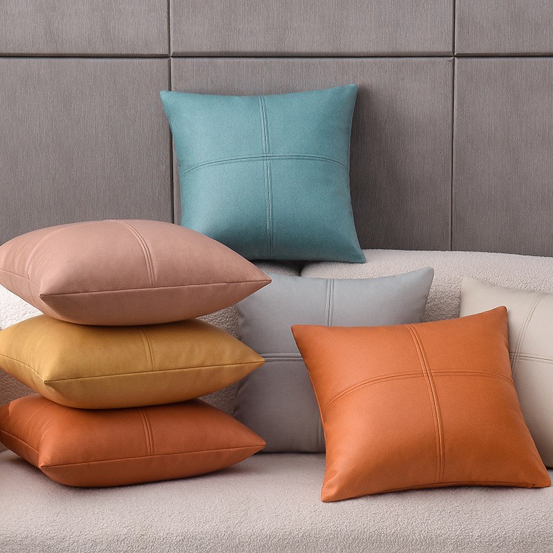 现代超纤软牛皮新橙色轻奢抱枕套客厅沙发靠垫仿真皮汽车腰枕靠枕