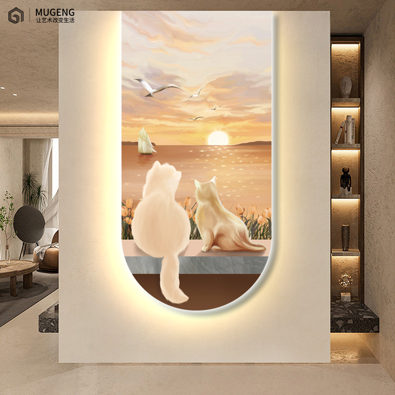 迎门创意LED灯海边猫咪壁画 入户正对墙玄关过道挂画客厅走廊装饰图片