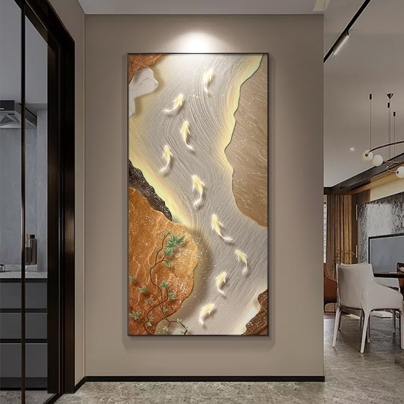 玄关装饰画九鱼过道带灯走廊轻奢麋鹿寓意挂画现代高级感晶瓷挂画图片